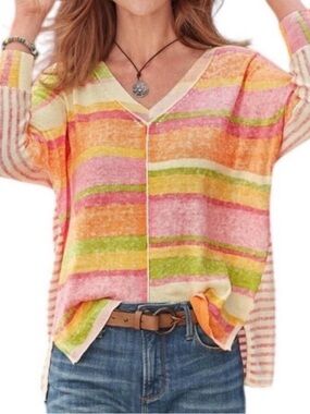 Sundance Johanna Sweater Women M Orange Pink Stripe Colorful Cotton Lightweight